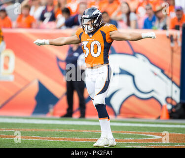 September 09, 2018: Denver Broncos zurück läuft, Phillip Lindsay (30) Signalisierung touchback im dritten Quartal ein NFL matchup zwischen die Seattle Seahawks und die Denver Broncos Broncos am Stadion an der Meile hoch Denver CO, Scott D Stivason/Cal Sport Media Stockfoto