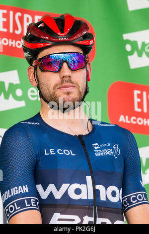 London, Großbritannien. 9. September 2018. BMC Racing Team Patrick Bevin wird, bevor die 77 km London Stufe (Stufe 8) des OVO Energy Tour von Großbritannien Radrennen vorgestellt. Credit: Mark Kerrison/Alamy leben Nachrichten Stockfoto