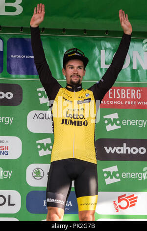 London, Großbritannien. 9. September 2018. Ehemalige OVO Energie Grüne Trikot leader Primoz Roglic von Team Lotto NL - Jumbo den dritten Platz in der Gesamtwertung der OVO Energy Tour 2018 von Großbritannien nach 77 km London Stadium (Stadium 8). Credit: Mark Kerrison/Alamy leben Nachrichten Stockfoto