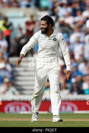 Kia Oval, London, UK. 9 Sep, 2018. Specsavers internationalen Test Match Cricket, 5. Test, Tag 3; Ravindra Jadeja von Indien Quelle: Aktion plus Sport/Alamy leben Nachrichten Stockfoto