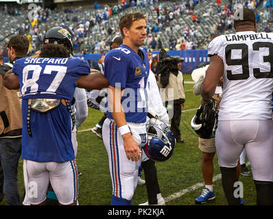 East Rutherford, New Jersey, USA. 9 Sep, 2018. New York Giants Quarterback Eli Manning (10) Nach dem Spiel zwischen der Jacksonville Jaguars und die New York Giants bei MetLife Stadium in East Rutherford, New Jersey. Die Jaguare, die Riesen besiegte 20-15. Duncan Williams/CSM/Alamy leben Nachrichten Stockfoto