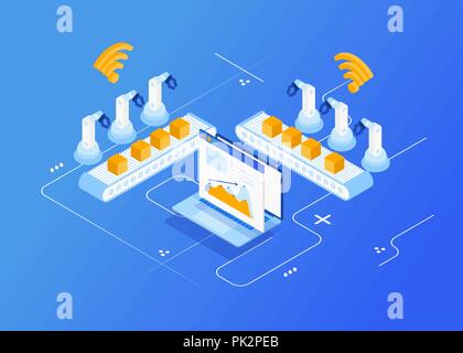 Isometrische Factory Automation, Industrie 4.0, Internet der Dinge, Vector Illustration für angeschlossene Geräte über verschiedene Symbole Stock Vektor