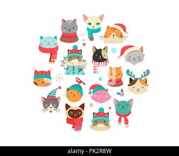 Frohe Weihnachten Grüße mit niedlichen Katzen Zeichen, Vektor Sammlung Stock Vektor