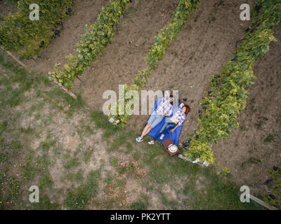 Blick von oben auf ein schönes Lächeln paar Picknick und einer Weinprobe auf einem Weingut. Stockfoto