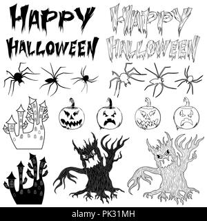 Stilisierten Silhouetten für Happy Halloween set isoliert auf dem weißen Hintergrund, schwarz Vektor für Design Postkarten und Poster Stock Vektor