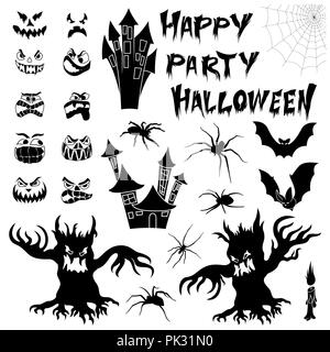 Eingestellt von stilisierten Elemente für Happy Halloween Party und isoliert auf dem weißen Hintergrund, schwarz Vektor für Design Postkarten und Poster Stock Vektor