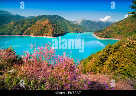 Bunte Herbst morgen auf der Patara Ingury River (Dzhvara Ingury Behälter). Obere Swanetien, Georgien, Europa. Oktober 2015. Stockfoto