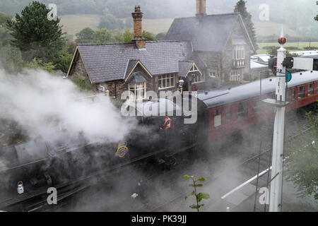 Ein Dampfzug an Carrog Bahnhof Richtung Corwen, Llangollen Railway, Wales, Großbritannien Stockfoto