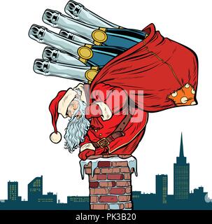 Santa Claus mit Champagner klettert der Schornstein. Auf weissem isolieren Stock Vektor