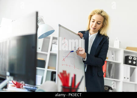 Ein junges Mädchen steht in der Nähe von einem Tisch im Büro und erläutert den Zeitplan auf der Magnetplatte. Stockfoto