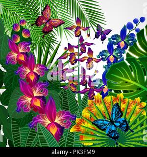 Floral Design Hintergrund. Tropische Orchidee Blumen, Blätter und Schmetterlinge. Stock Vektor