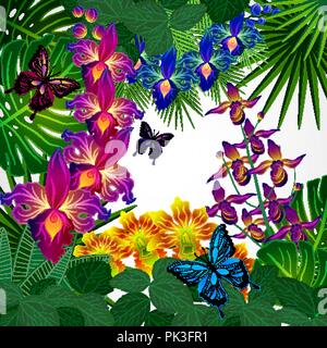 Floral Design Hintergrund. Tropische Orchidee Blumen, Blätter und Schmetterlinge. Stock Vektor