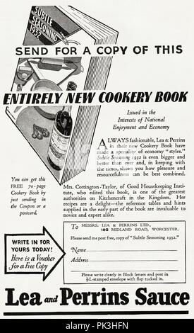 1930er Jahre alten Vintage original advert Werbung Lea und Perrins Sauce neue Kochbuch in Deutsch Magazin ca. 1932 Stockfoto