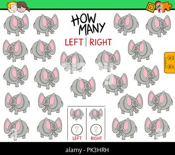 Cartoon Abbildung: Lernspiel Zählweise der Linken und Rechten orientierten Bilder für Kinder mit lustigen Elefanten Charakter Stock Vektor