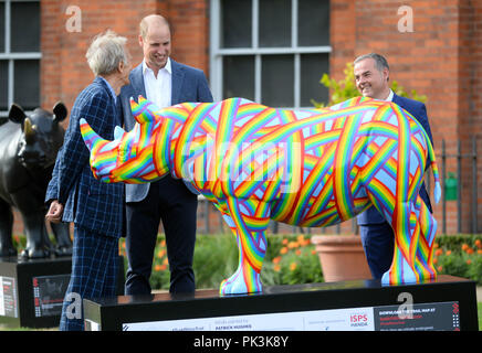 Der Herzog von Cambridge spricht mit Patrick Hughes, wie er einen Fall besucht die Tusk Rhino Trail, ein London - große Kunst Installation, die das Rhino feiert und lenkt die Aufmerksamkeit auf die globale Wilderei Krise zu Feiern, am Kensington Palace Gardens in London. Stockfoto