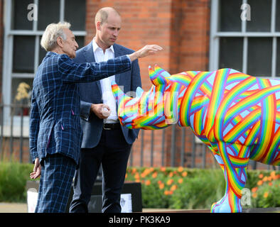 Der Herzog von Cambridge spricht mit Patrick Hughes, wie er einen Fall besucht die Tusk Rhino Trail, ein London - große Kunst Installation, die das Rhino feiert und lenkt die Aufmerksamkeit auf die globale Wilderei Krise zu Feiern, am Kensington Palace Gardens in London. Stockfoto