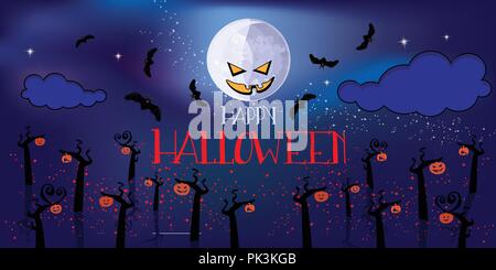 Vecor horizontale halloween Banner mit Mond, Bäume und Fledermäuse in der Nacht Stock Vektor