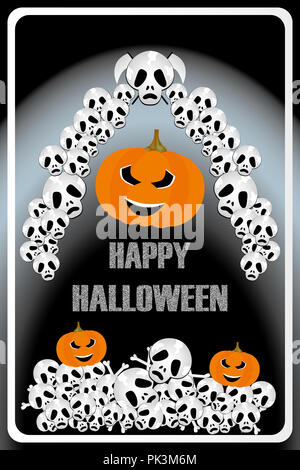 Beängstigend Abbildung: schlechte Kürbisse mit Schädeln und Knochen und Kreide die Buchstaben für Happy Halloween Stockfoto