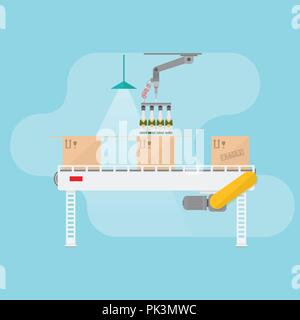 Förderband. Vector Illustration. Boxen auf Förderband. Förderanlage in flacher Ausführung. Stock Vektor