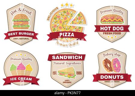 Vintage fast food Badge, Banner oder Logo Emblem. Elemente auf das Thema der Fast food business. Hamburger, Pizza, Donuts, Hot Dog, Eis, Cola, fr Stock Vektor