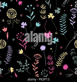 Nahtlose florales Muster mit Doodle Blätter und Kräuter. Vector Illustration. Cilorful Silhouetten auf weißem Hintergrund Stock Vektor