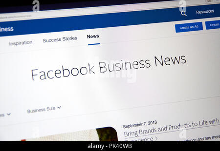 MONTREAL, KANADA - 8. SEPTEMBER 2018: Facebook Business News Seite. Facebook Business bietet die neuesten Nachrichten, Werbung, Tipps, beste Praktiken und case Stockfoto