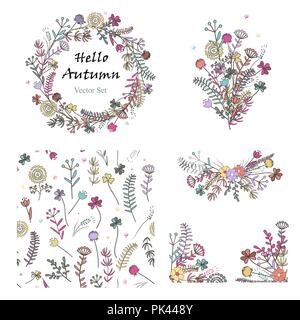 Vektor Doodle mit Hand gezeichnet Floral Design Elemente und nahtlose Muster. Boquet, Kranz, Ecken, und nahtlose Hintergrund mit Wiese Kräuter und Stock Vektor