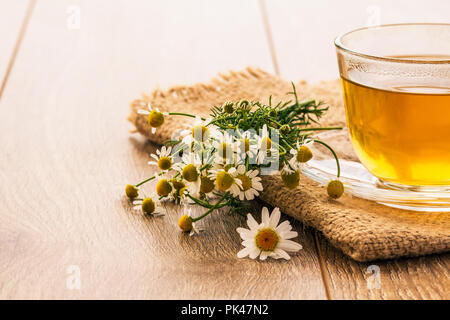 Glas Tasse grünen Tee mit weißen Kamillenblüten auf hölzernen Hintergrund Stockfoto