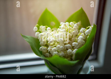 Blumenstrauß aus Maiglöckchen Blumen stehen auf dem Fensterbrett in der Nähe der Fenster Stockfoto