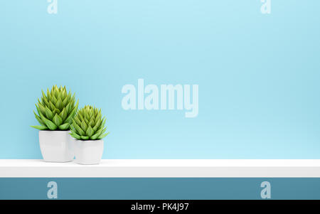 Weiß Regal auf der blauen Wand mit grünen Topfpflanzen mock up. 3D-Darstellung Stockfoto