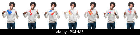Collage der afrikanischen amerikanischen Jungen Mann mit Flaggen von Ländern über isolierte Hintergrund mit Lächeln tun ok Zeichen glücklich, Daumen hoch, mit den Fingern, Stockfoto