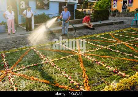 Antigua, Guatemala - 3. April 2015: Bewässerung Karfreitagsprozession Teppich in UNESCO Weltkulturerbe mit berühmten Heiligen Woche feiern. Stockfoto