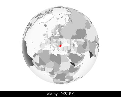 Bulgarien hervorgehoben in Rot auf Grau politische Globus mit transparenten Ozeane. 3D-Abbildung auf weißem Hintergrund. Stockfoto