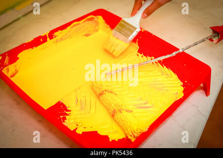 Eimer mit gelber Farbe und mit der Frau hand mit Pinsel und Farbroller bereit für die Lackierung der Wand. Stockfoto