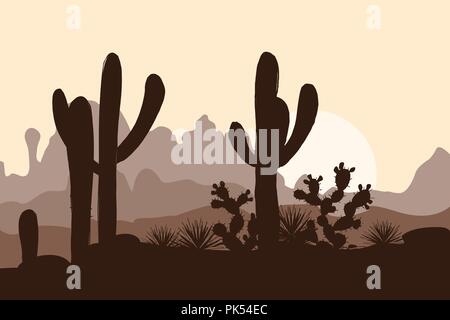 Morgen Landschaft mit niedlichen Saguaro Kakteen, Agaven und Feigenkakteen, in den Bergen. Vector Illustration. Cute braun Palette Stock Vektor