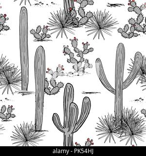 Hand gezeichnet mit Saguaro, Blue Agave und Feigenkakteen. Lateinamerikanischen Hintergrund. Mexikanische Landschaft Vector Illustration. Stock Vektor