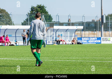 Stroud, England, UK; 2. September 2018; Rückansicht der Torwart Teilnehmenden im laienhaften Fußballspiel Stockfoto