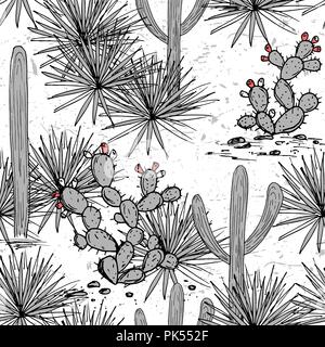 Hand gezeichnet mit Saguaro, Blue Agave und Feigenkakteen. Lateinamerikanischen Hintergrund. Mexikanische Landschaft Vector Illustration. Stock Vektor