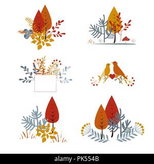 Einstellen der herbstlichen Blumen Karten mit abstrakten Blätter, Bäume, und Vögel. Herbst Zusammensetzung Sammlung Stock Vektor