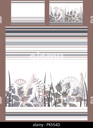 Luxuriöse Betten mit Doodle Blumen und Streifen, Federbett und zwei Kissen. Cute pastell Braun und Grau Palette. Vector Illustration Stock Vektor