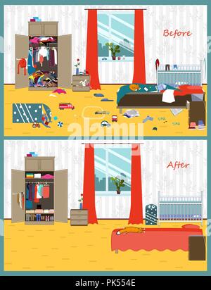 Dreckig und das Zimmer sauber. Störung im Innenraum. Zimmer vor und nach der Reinigung. Flat Style Vector Illustration. Stock Vektor