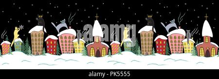 Cartoon Weihnachten nahtlose Design mit Katzen in Silhouetten sitzt oben auf dem Dach die Schneeflocken beobachten Stock Vektor