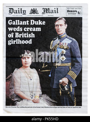 Reproduktion von der Titelseite der Daily Mail vom 27. April 1923 feiert die Ehe von König Georg VI. und Elizabeth Bowes Lyon Stockfoto