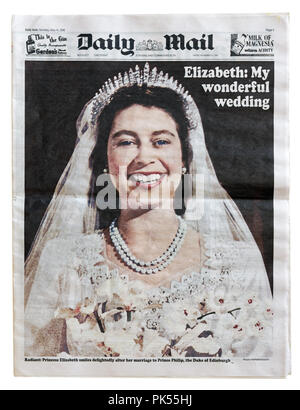 Eine Reproduktion der Daily Mail vom 21. November 1947 feiern die Vermählung von Prinzessin Elizabeth Windsor zu Prinz Philip, Herzog von Edinburgh Stockfoto