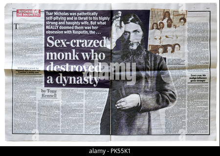 Ein Artikel aus der Daily Mail über Rasputin und die romanows Stockfoto