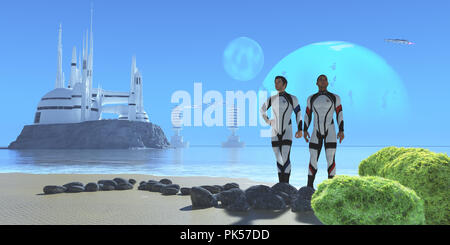 Blue Planet - zwei Männer in Uniform, die von der Erde aus die Küste in einer Welt mit zwei großen Monde und eine moderne Kolonie. Stockfoto