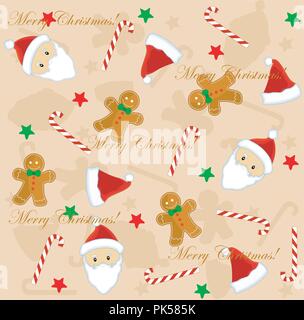 Weihnachten nahtlose Muster mit Weihnachtsmann Gesicht, Zuckerstange, Sterne, und Lebkuchen auf braunem Hintergrund Stock Vektor