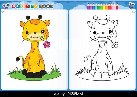 Färbung Seite niedliche Giraffe mit bunten Probe druckbare Arbeitsblatt für Vorschule/Kindergarten Kinder grundlegende Färbung Fähigkeiten zu verbessern Stock Vektor
