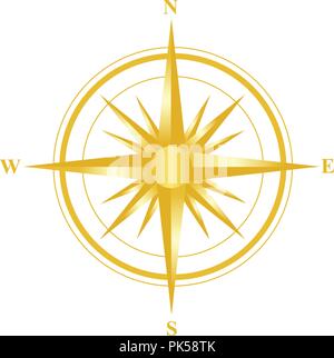 Abbildung: Eine goldene Kompass mit allen Richtungen Norden Osten Süden und Westen auf weißem Hintergrund. Stock Vektor