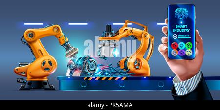 Geschäftsmann management smart factory Mit Roboterarmen und Fördertechnik über Smartphone mit dem Internet verbunden ist. Telefonanwendung Infografik und Statistiken der Automatisierung der Fertigung anzeigen. Stock Vektor
